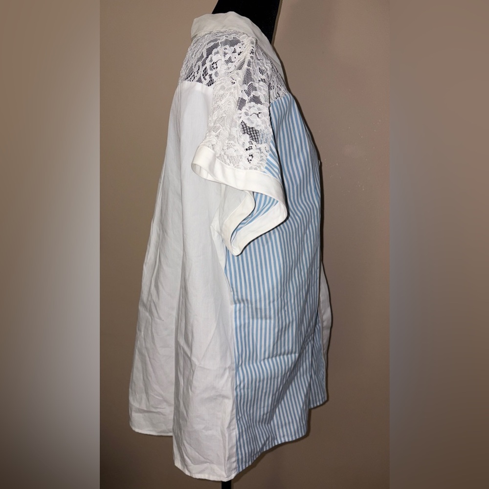 Karl Lagerfeld NWT Blue and White Striped Shirt with Lace Detail at Collar - Picture 6 of 7